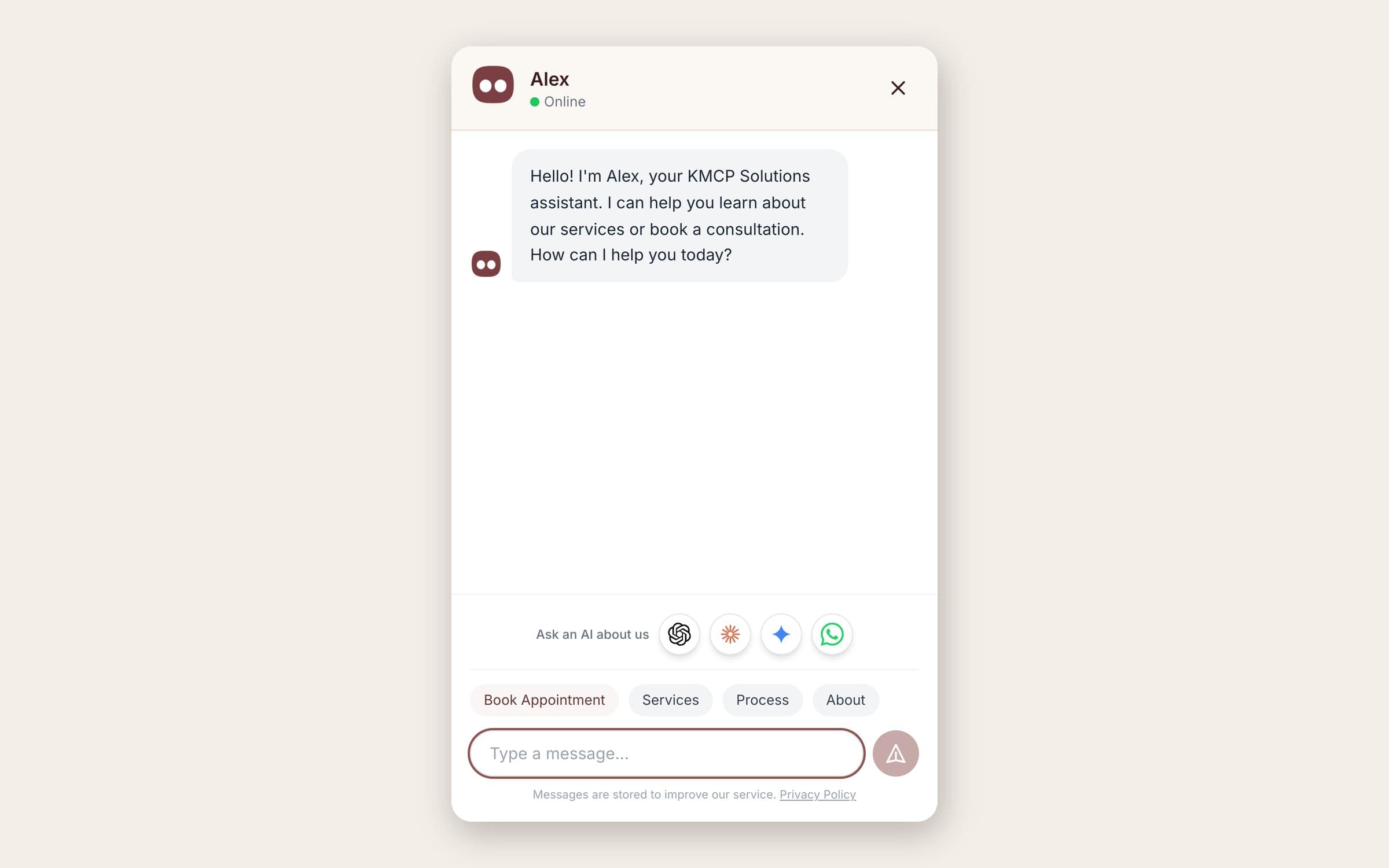 The Alex chat window: greeting, Ask-AI shortcuts, quick replies and Book Appointment.