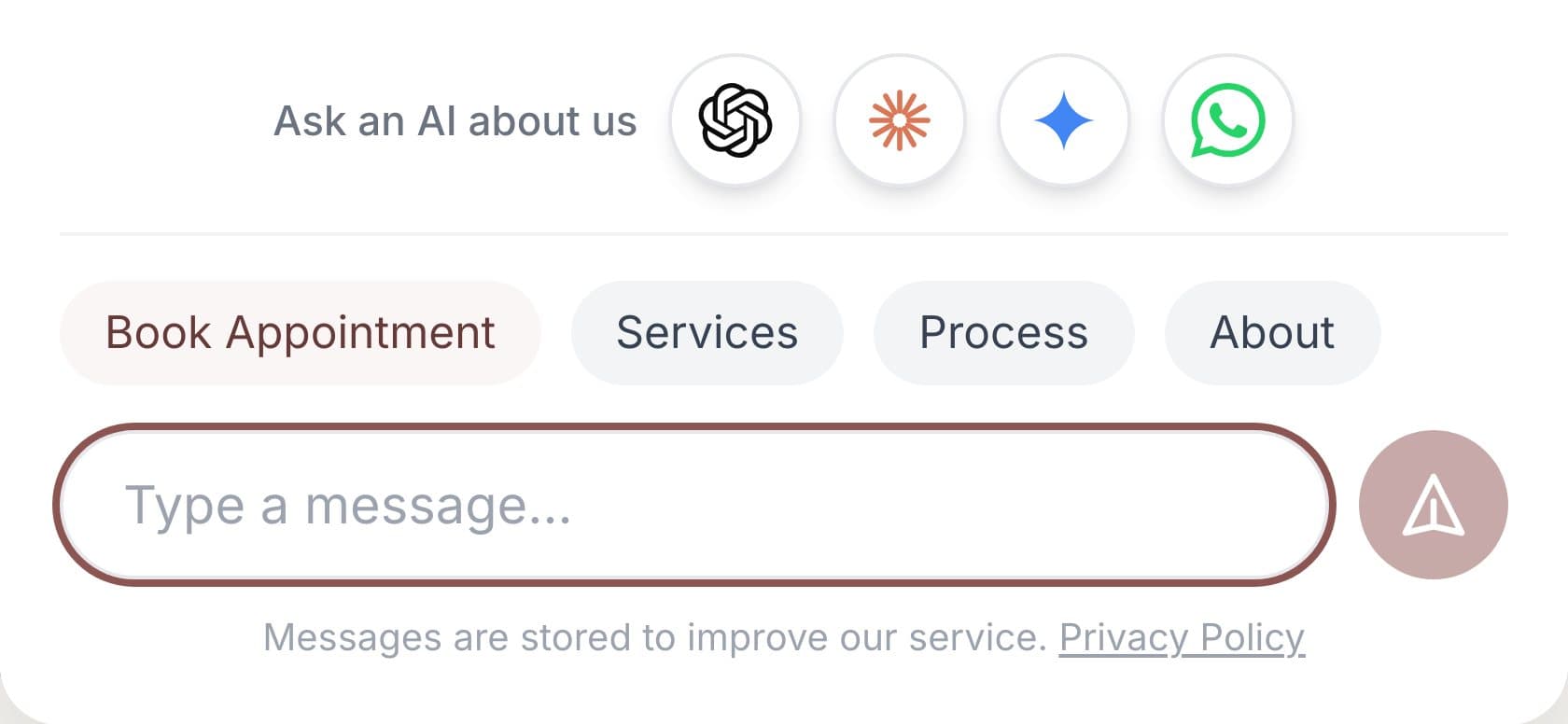 The Ask an AI about us row, the quick replies and the Book Appointment button.
