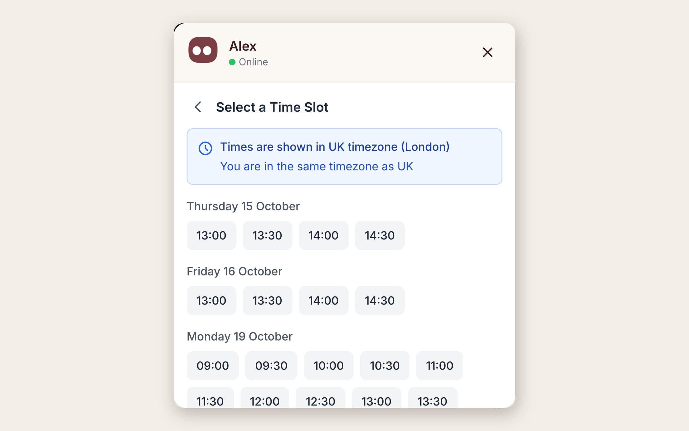 Booking from the chat: free consultation slots shown in UK time.