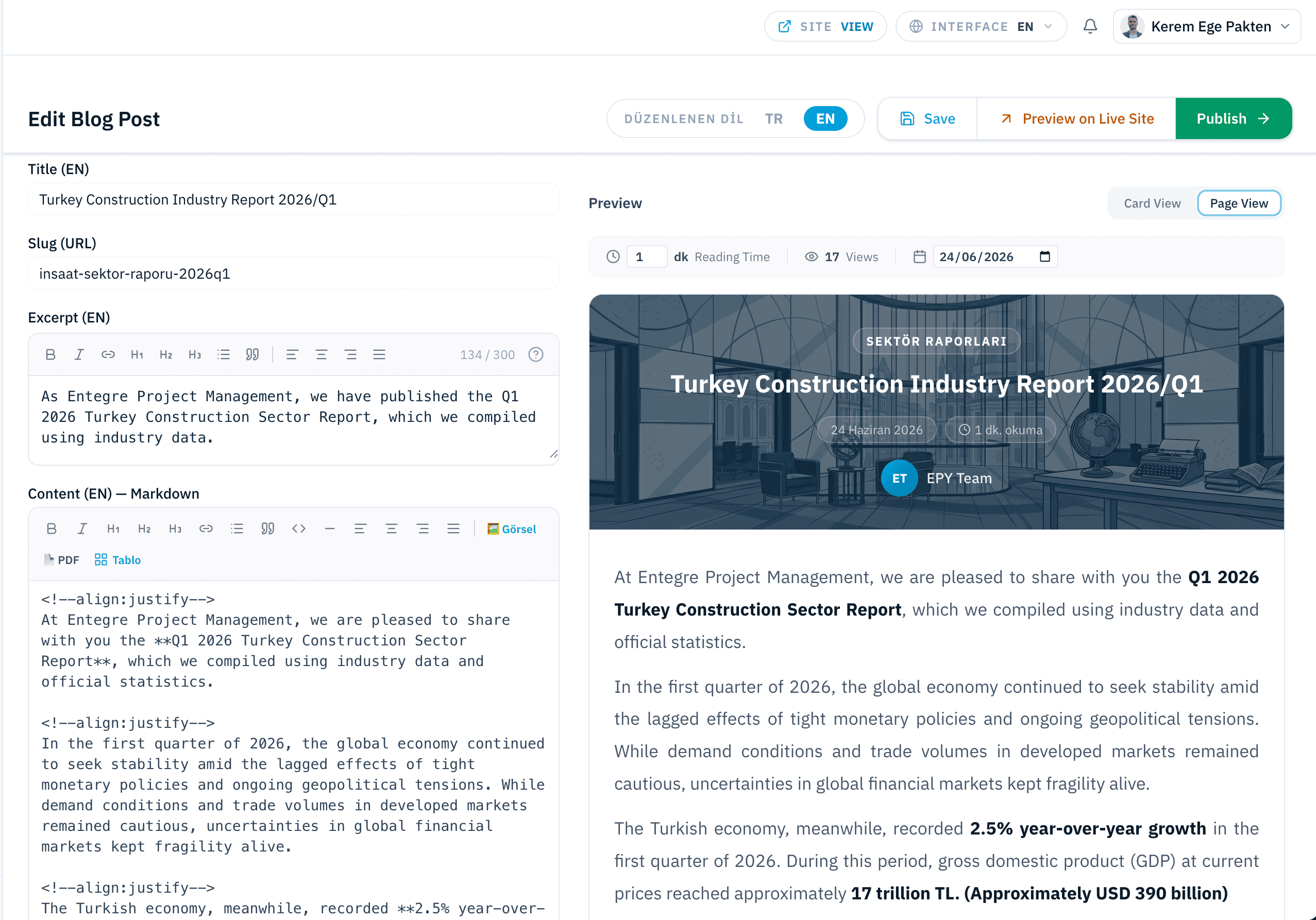 EPY blog post markdown editor with side-by-side live page preview