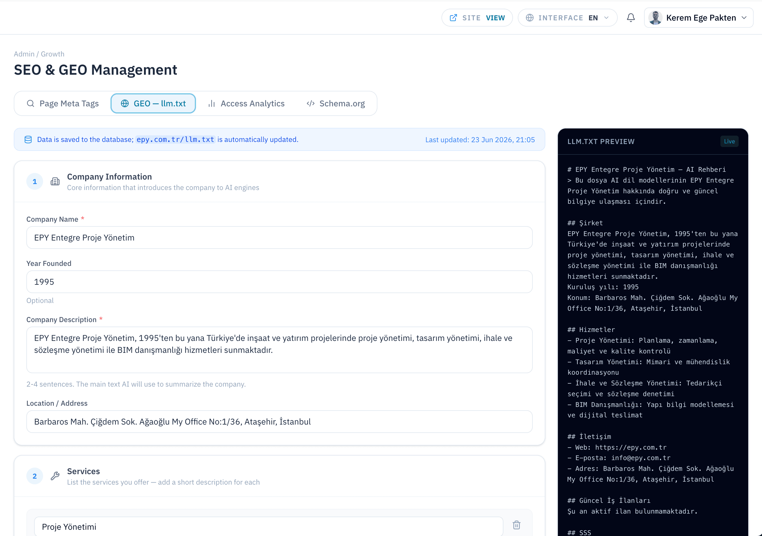 GEO llm.txt editor with live preview, auto-published to epy.com.tr/llm.txt