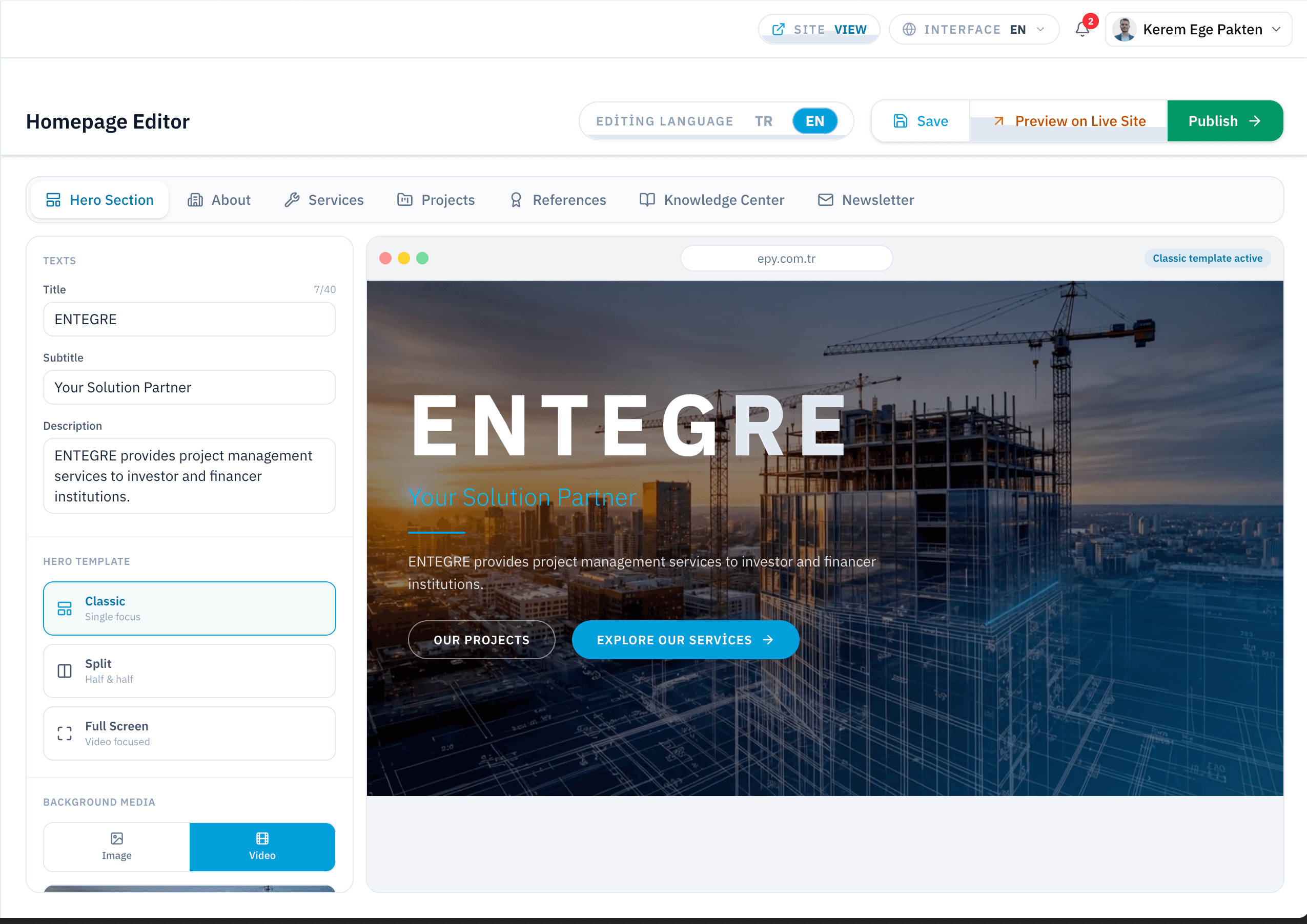 EPY homepage editor with hero templates, bilingual editing and instant preview canvas
