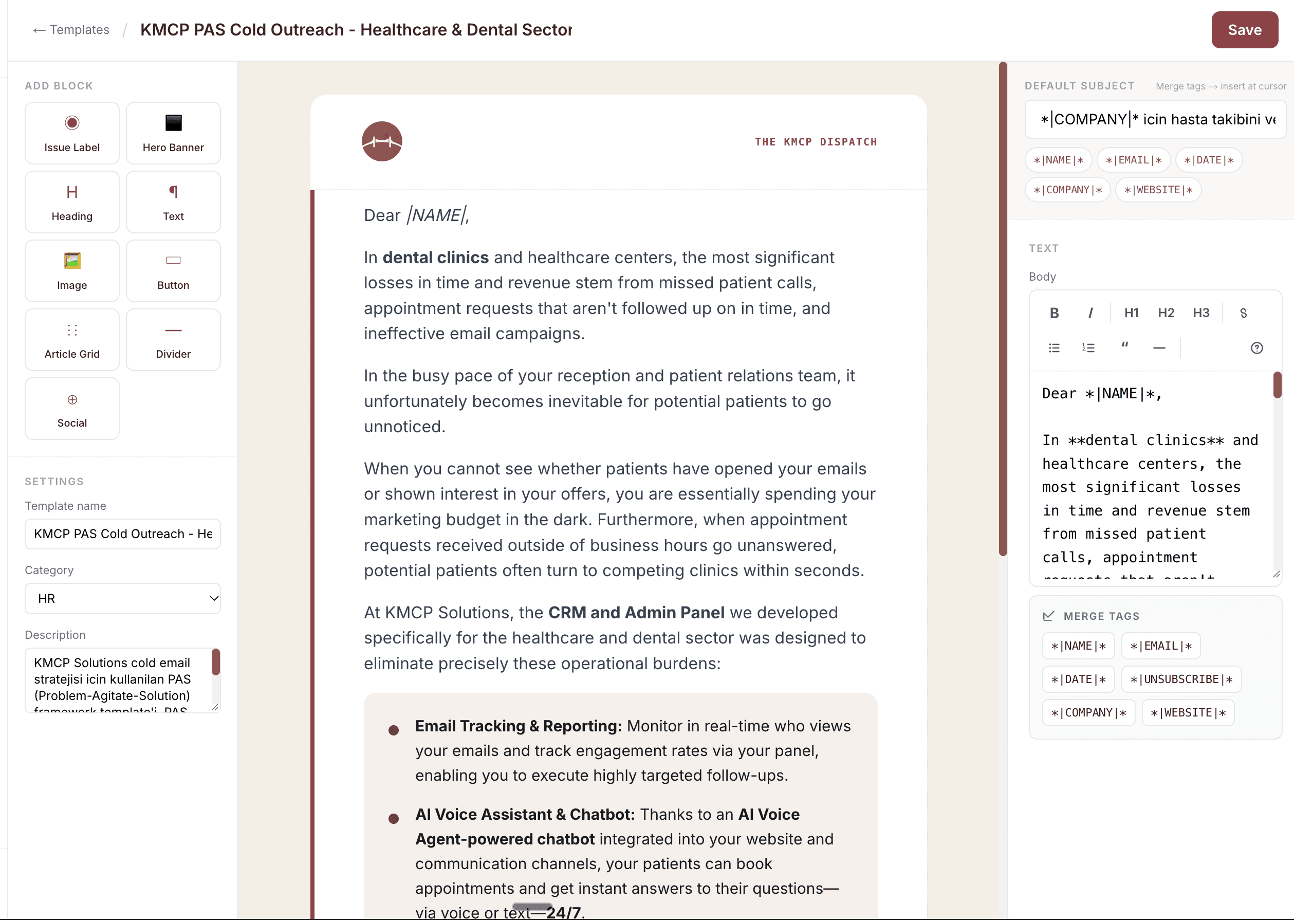 KMCP email template editor with content blocks, a live email preview and personalisation fields.