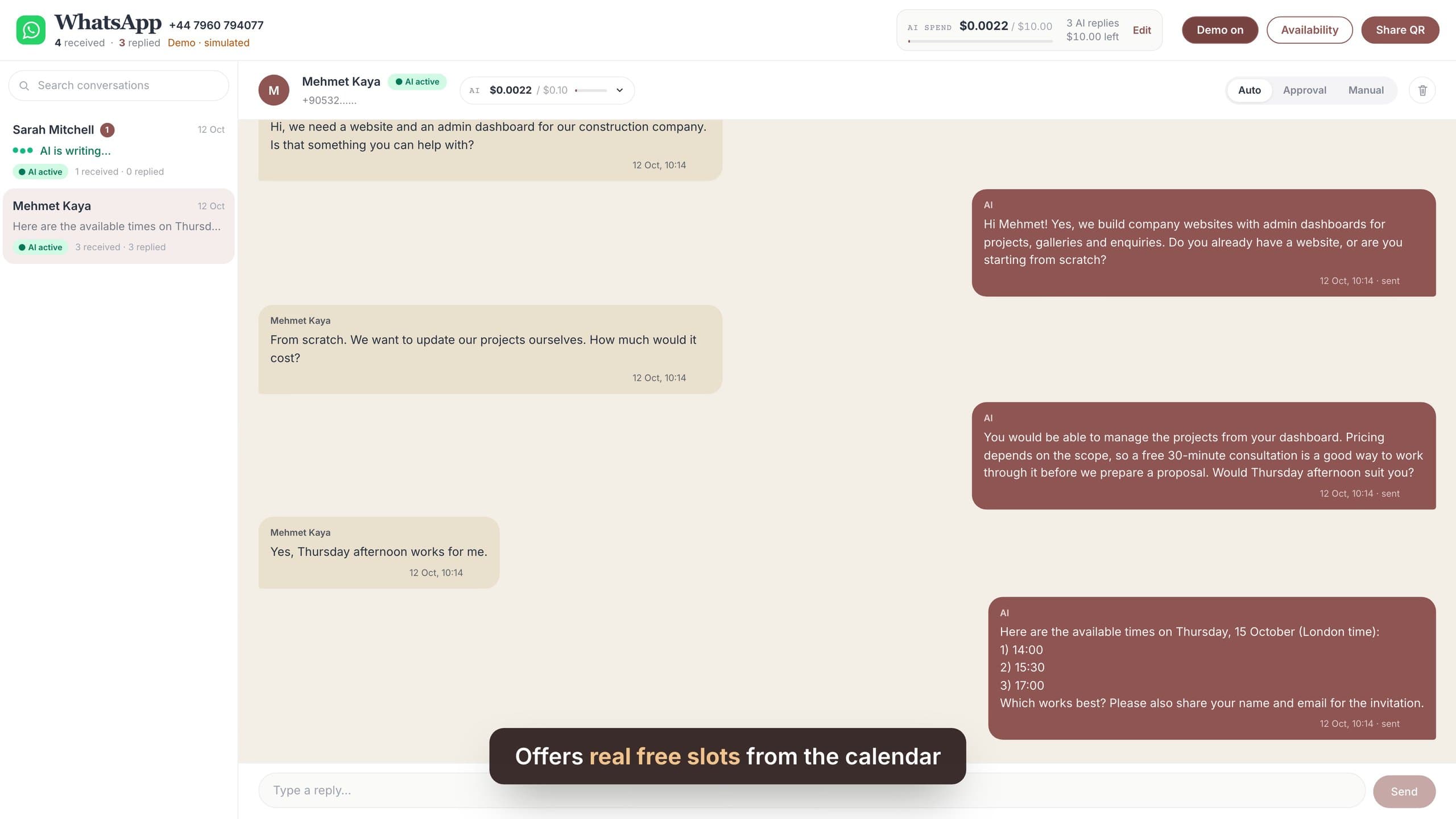 KMCP WhatsApp AI inbox: the assistant offers real free consultation slots from the calendar to a customer.
