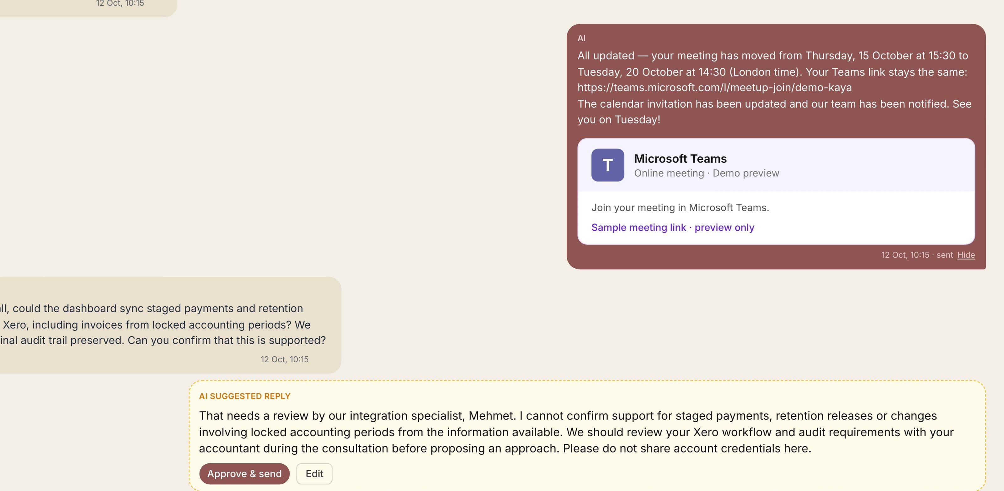Approval mode: the assistant’s suggested reply waits for a colleague to review, edit and send.