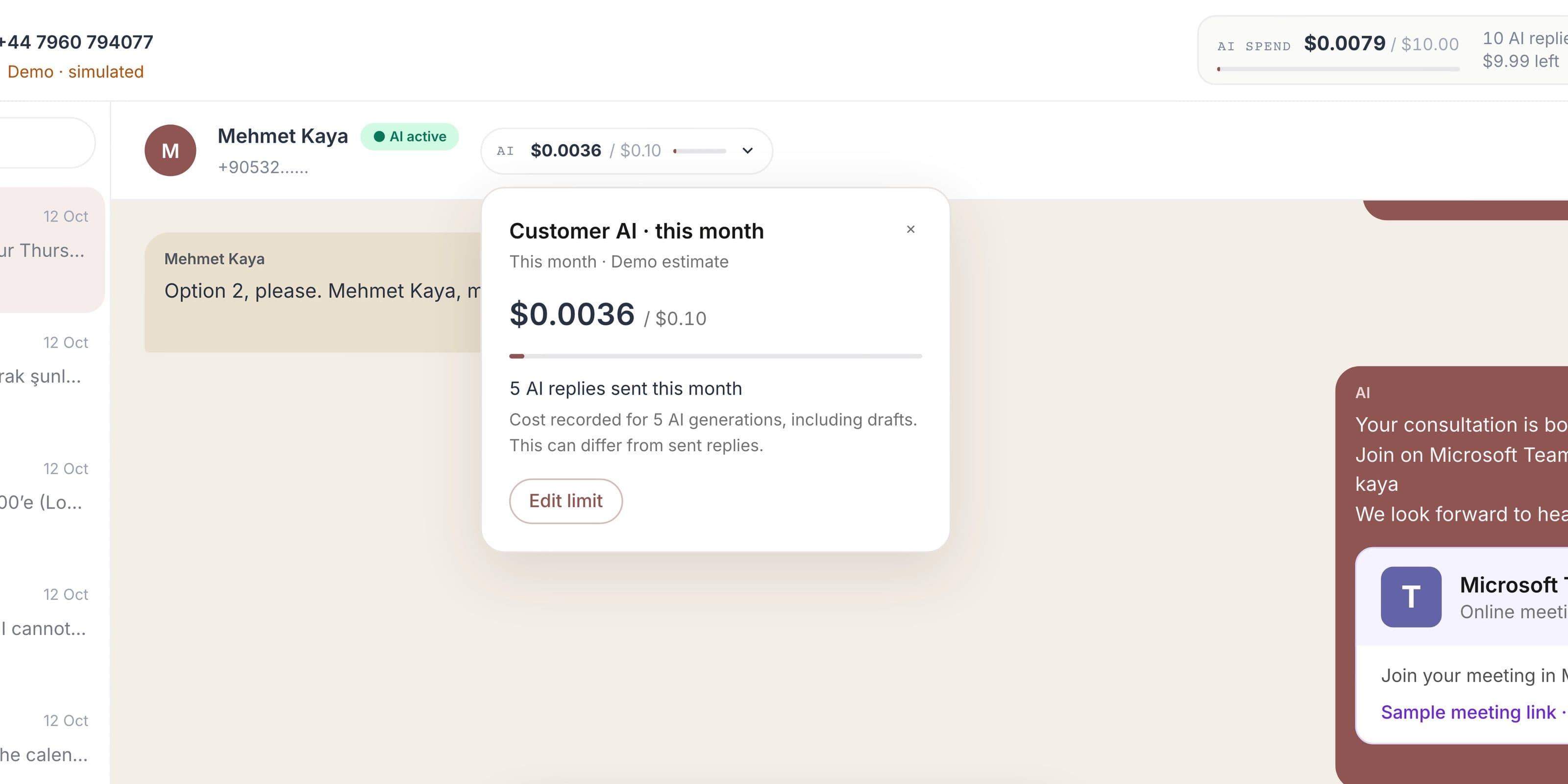 This month’s AI spend against the monthly budget in the inbox header, and a per-customer cap with an editable limit.
