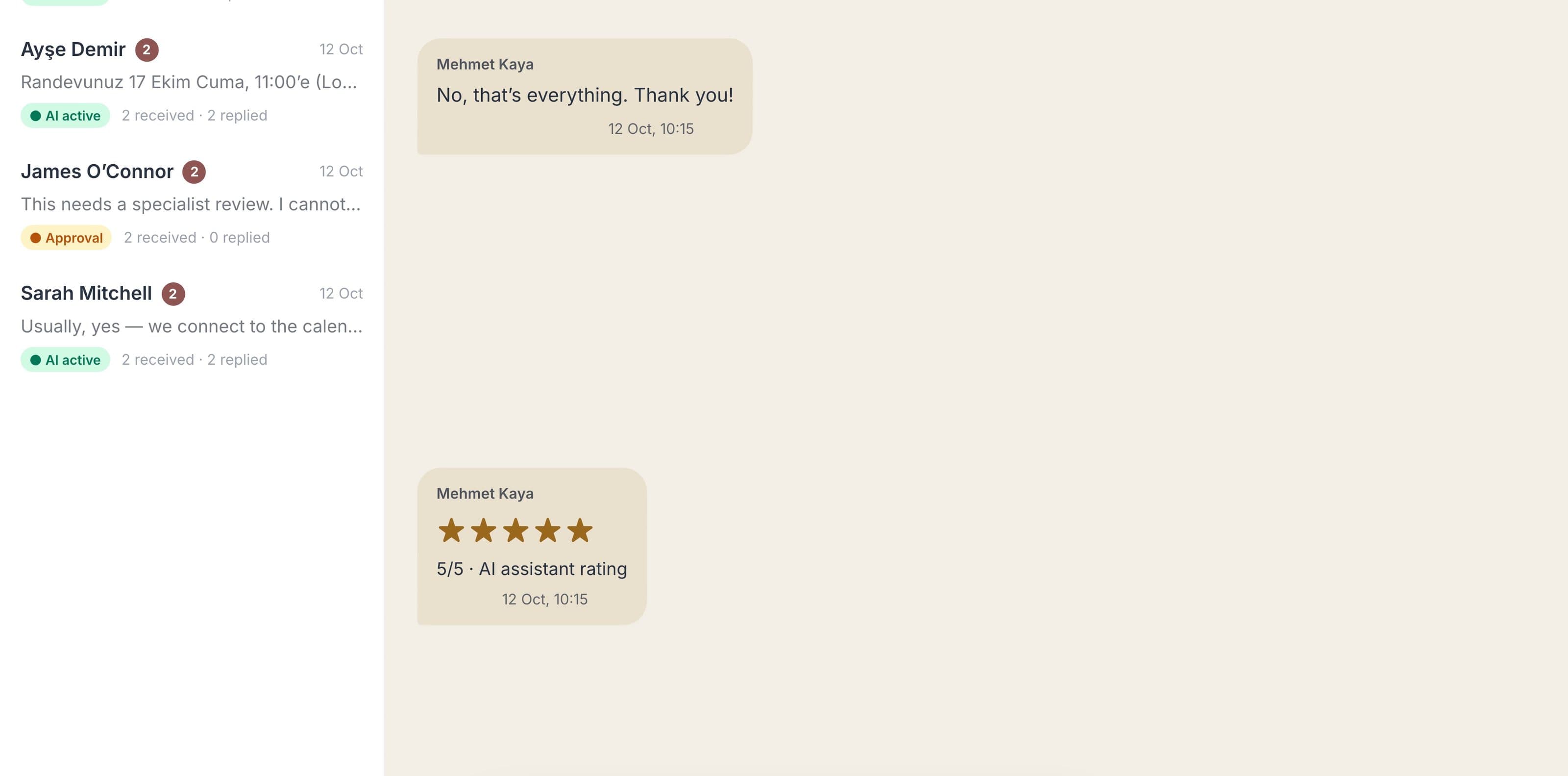 Conversation list with AI active and Approval badges, received and replied counts, and a customer’s 5/5 rating.
