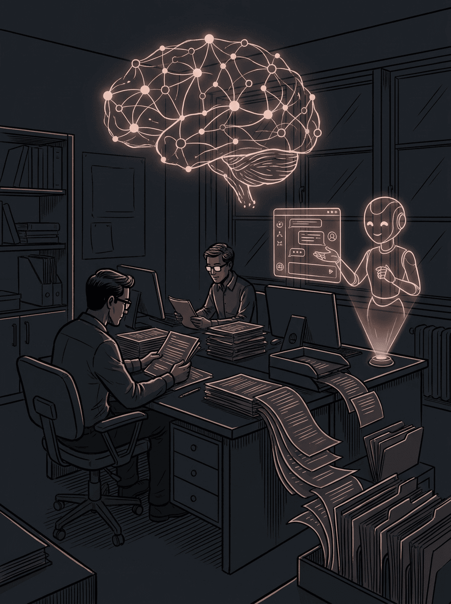 Illustration of people working with an AI knowledge system